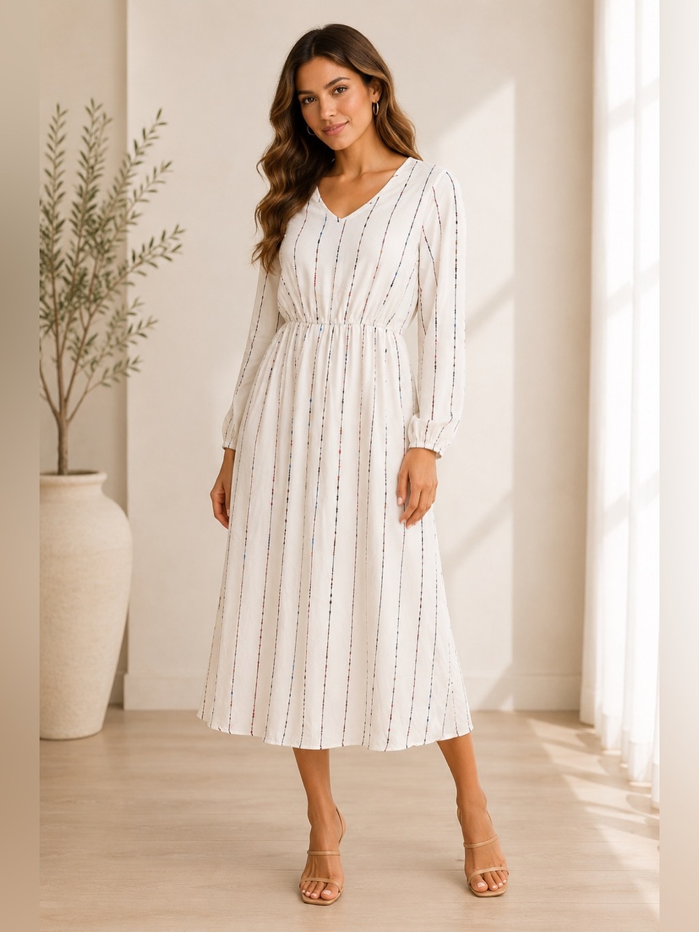 Emery Rose Cream Printed Long Sleeve Midi Dress Size L NWT